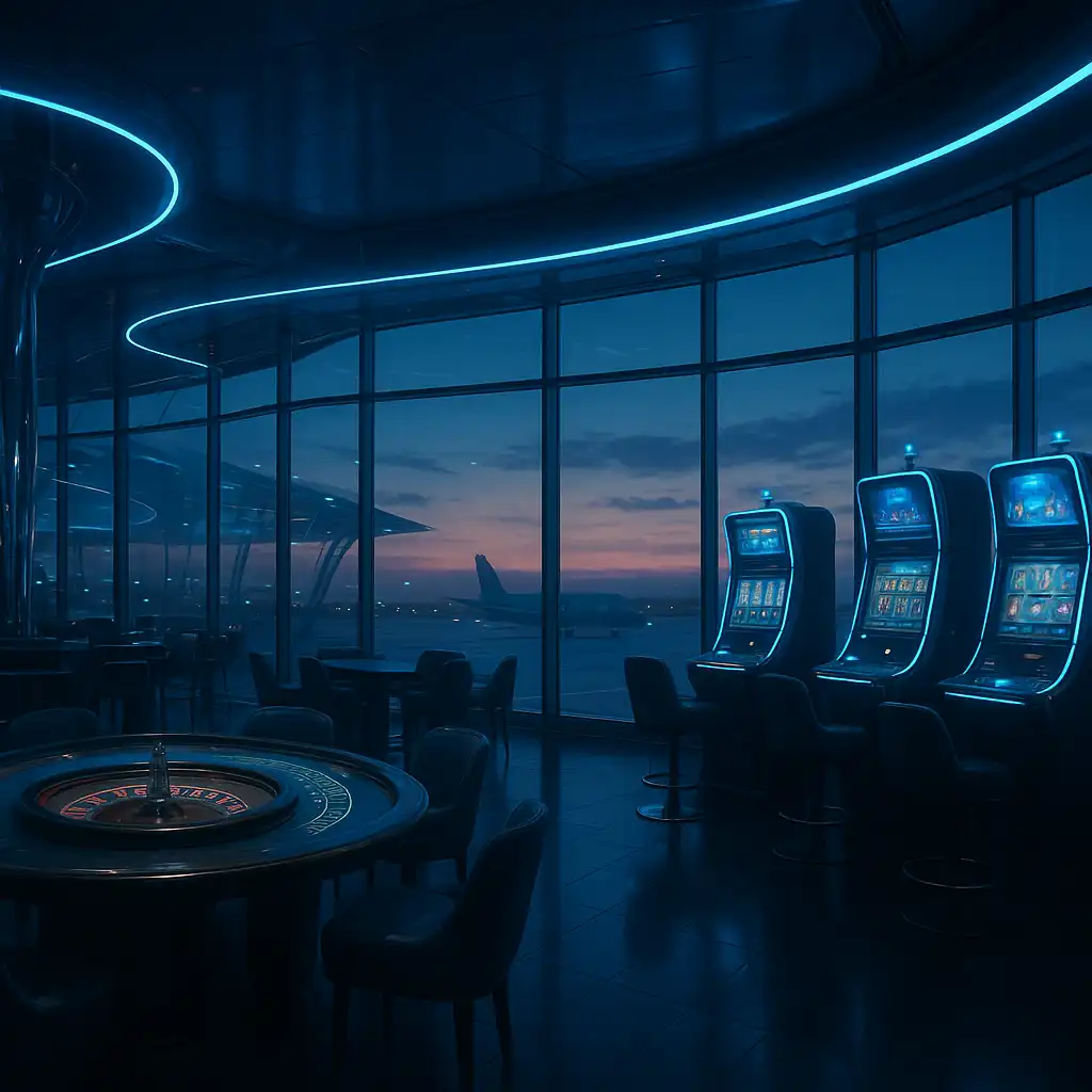 Futuristic casino lounge inside a luxury air terminal with slot machines and panoramic runway view