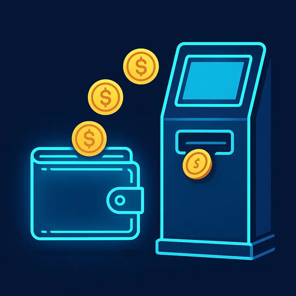 Illustration of a glowing wallet depositing coins at a terminal kiosk