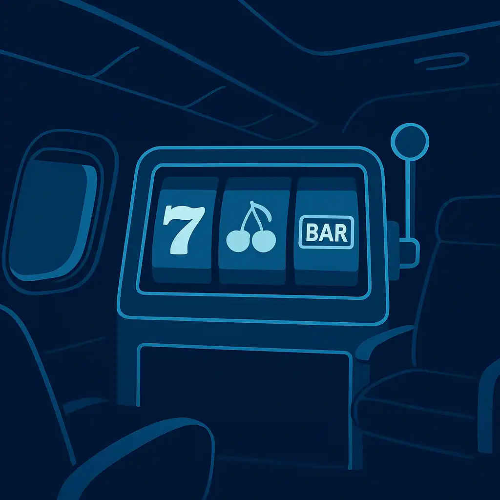 Illustration of slot reels spinning aboard a stylised aircraft cabin