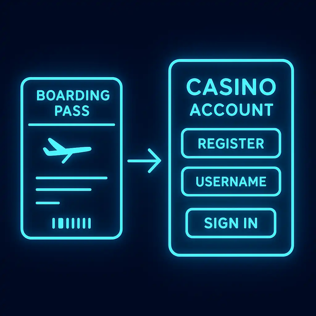 Illustration of a boarding pass turning into a casino account registration form